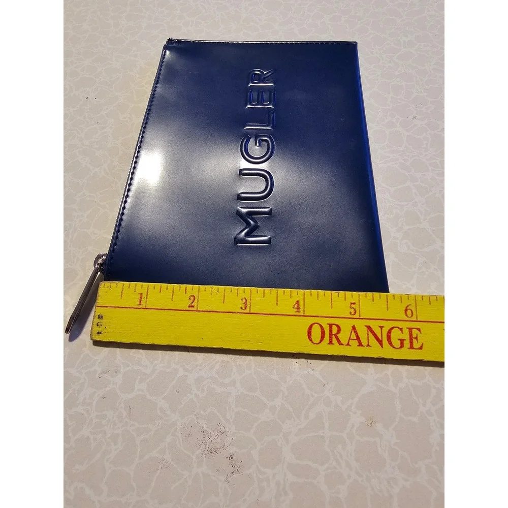 Mugler Navy Blue Embossed Logo Zippered‎ Pouch Cosmetic Bag Clutch